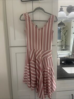 Sleeveless Asymmetrical V-Neck Dress in Pink & White Stripes